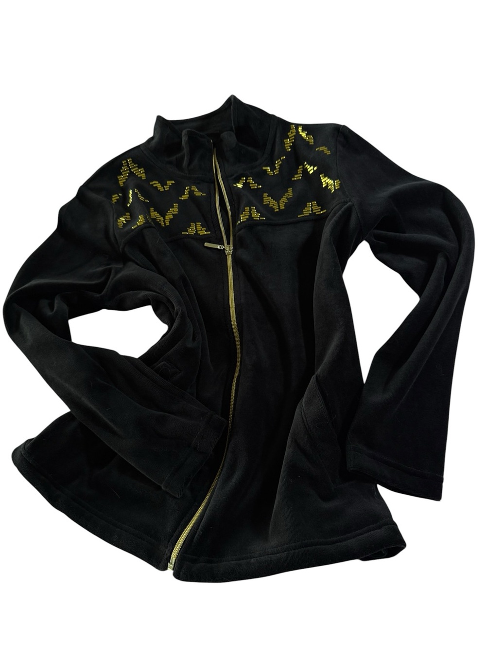 Onque Casual Black Velour Zip-Front Women's Jacket with Gold Metal Accent